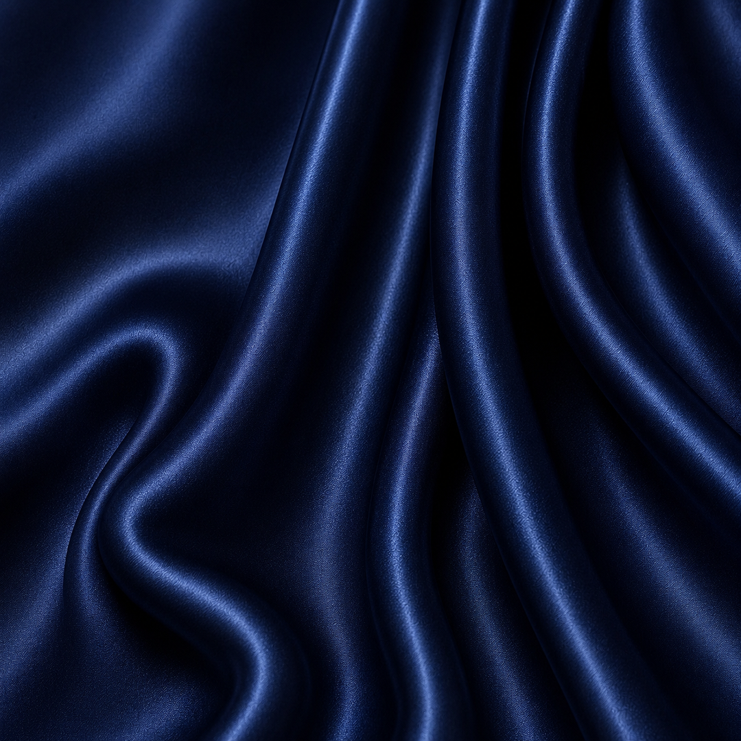 Close-up of Navy 22 momme mulberry silk charmeuse featuring rich midnight-blue colour, elegant cascading folds, a fine woven texture, and a luxurious natural sheen.