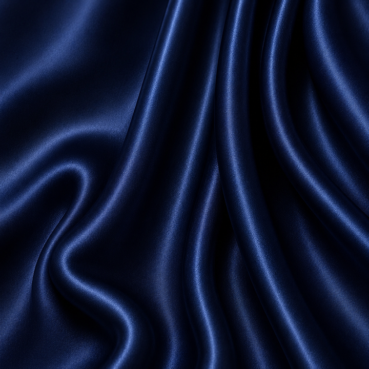 Close-up of Navy 22 momme mulberry silk charmeuse featuring rich midnight-blue colour, elegant cascading folds, a fine woven texture, and a luxurious natural sheen.