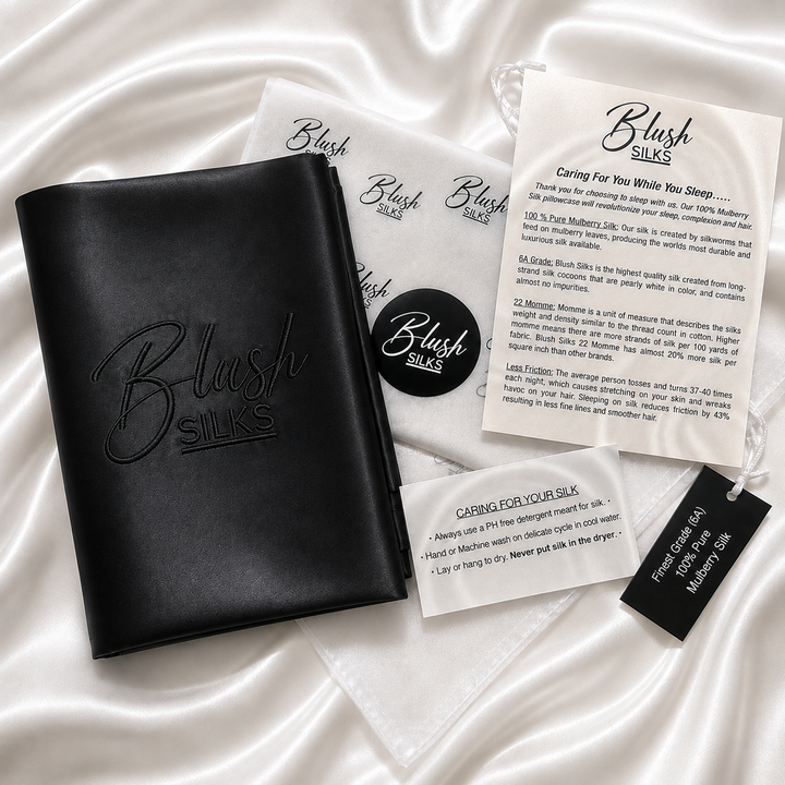 Blush Silks 22 Momme Mulberry Silk Pillowcase in Onyx black with luxury gift packaging