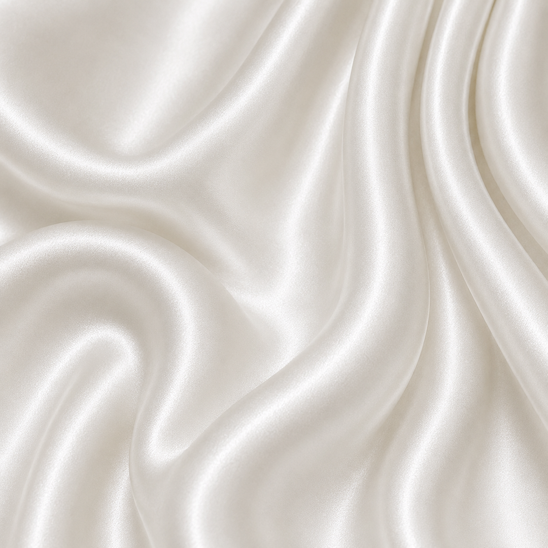 Close-up of pearl 22 momme mulberry silk charmeuse with luminous ivory tones, soft flowing folds, a fine woven texture, and a natural pearlescent sheen.