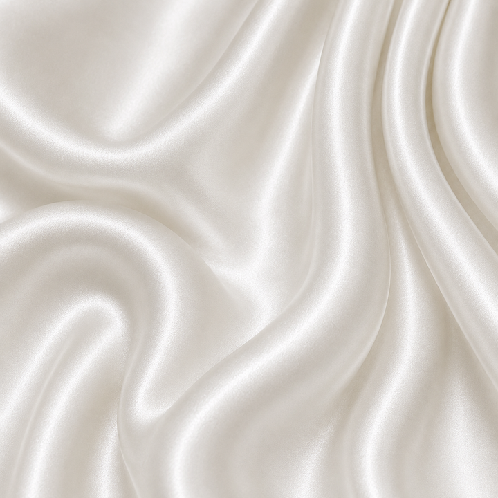 Close-up of pearl 22 momme mulberry silk charmeuse with luminous ivory tones, soft flowing folds, a fine woven texture, and a natural pearlescent sheen.
