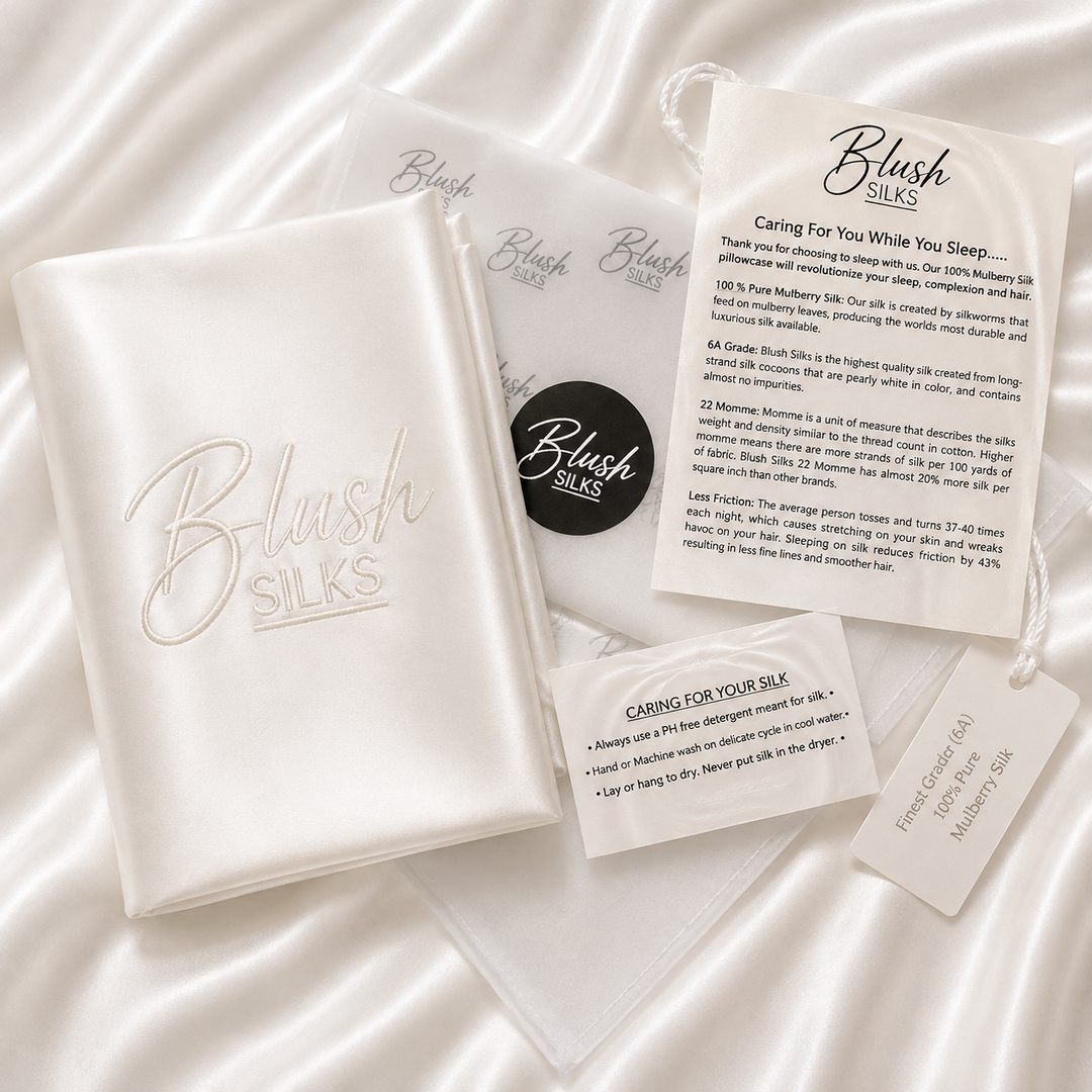Blush Silks 22 Momme Mulberry Silk Pillowcase in Pearl with luxury gift packaging