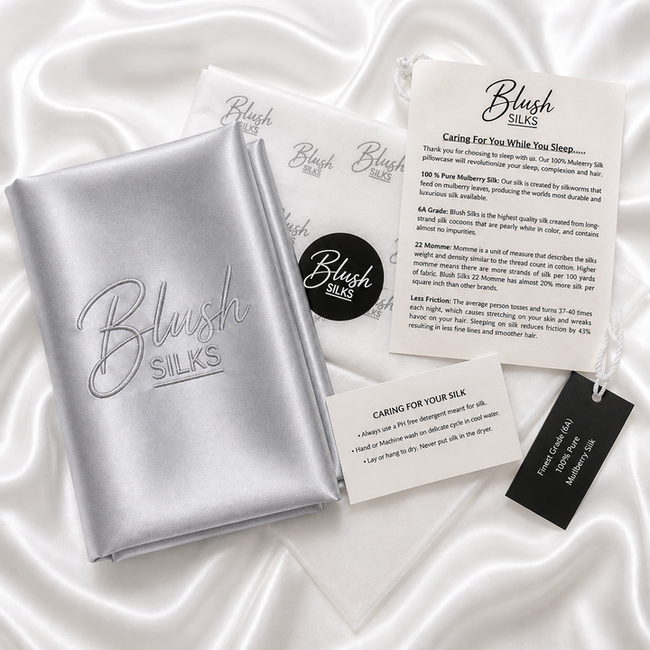 Blush Silks 22 Momme Mulberry Silk Pillowcase in Pewter with luxury gift packaging