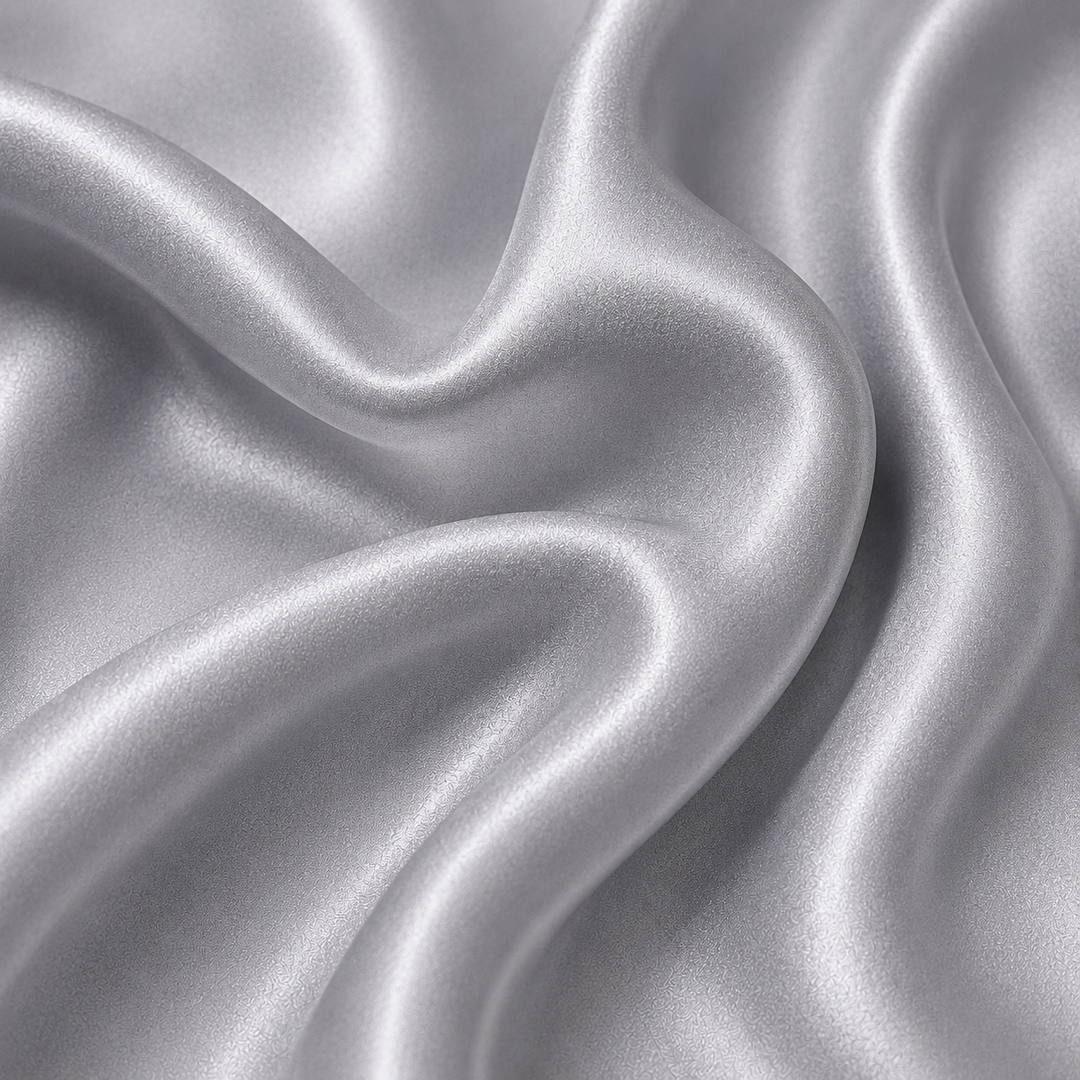 Close-up of Pewter 22 momme mulberry silk charmeuse featuring elegant flowing folds, a refined weave, and a luminous natural sheen.