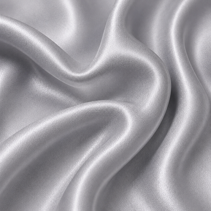 Close-up of Pewter 22 momme mulberry silk charmeuse featuring elegant flowing folds, a refined weave, and a luminous natural sheen.