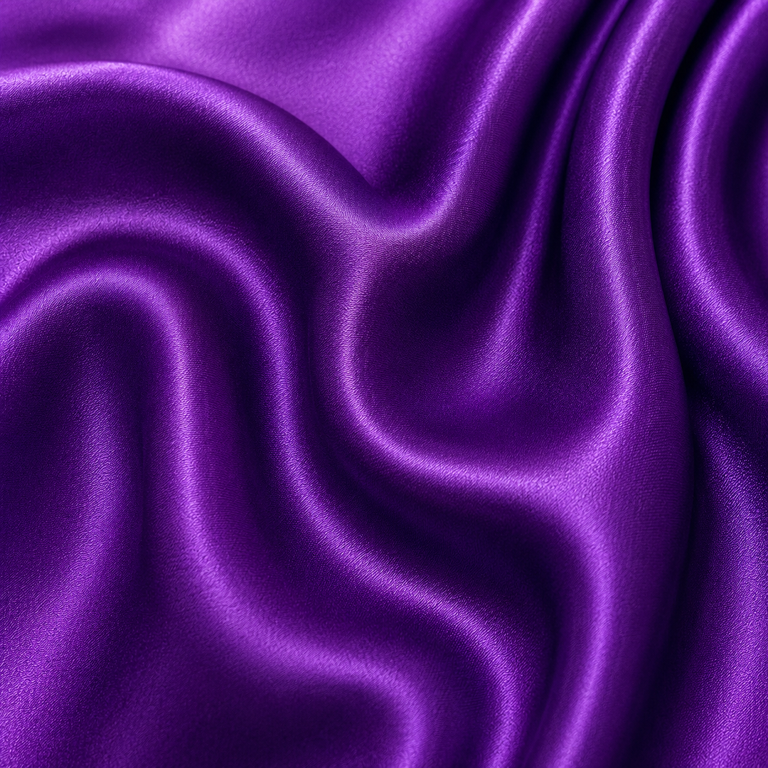 Close-up of Purple 22 momme mulberry silk charmeuse with graceful flowing folds, rich jewel-toned colour, and a luxurious natural sheen.