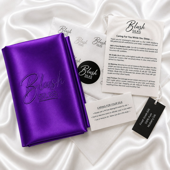 Blush Silks 22 Momme Mulberry Silk Pillowcase in Purple with luxury gift packaging