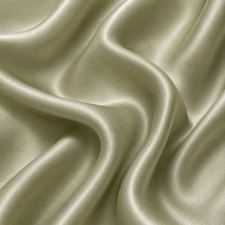 Close-up of Sage 22 momme mulberry silk charmeuse featuring elegant flowing folds, a refined weave, and a soft natural sheen.