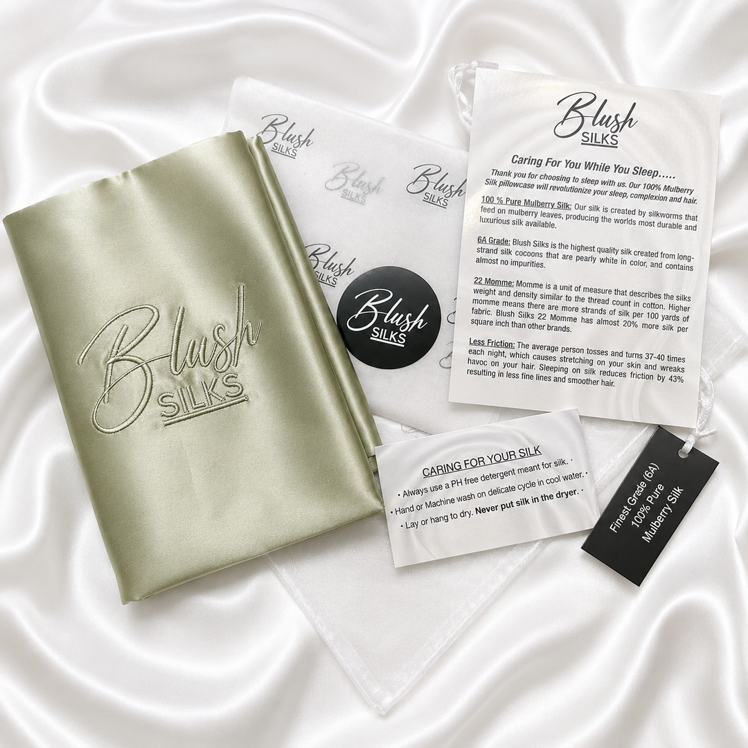 Blush Silks 22 Momme Mulberry Silk Pillowcase in Sage Green with luxury gift packaging