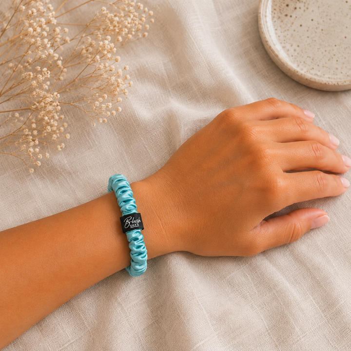 Sea Breeze 100% mulberry silk mini scrunchie worn on wrist