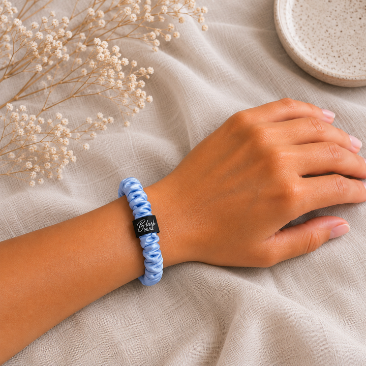 Sky Blue 100% mulberry silk mini scrunchie worn on wrist