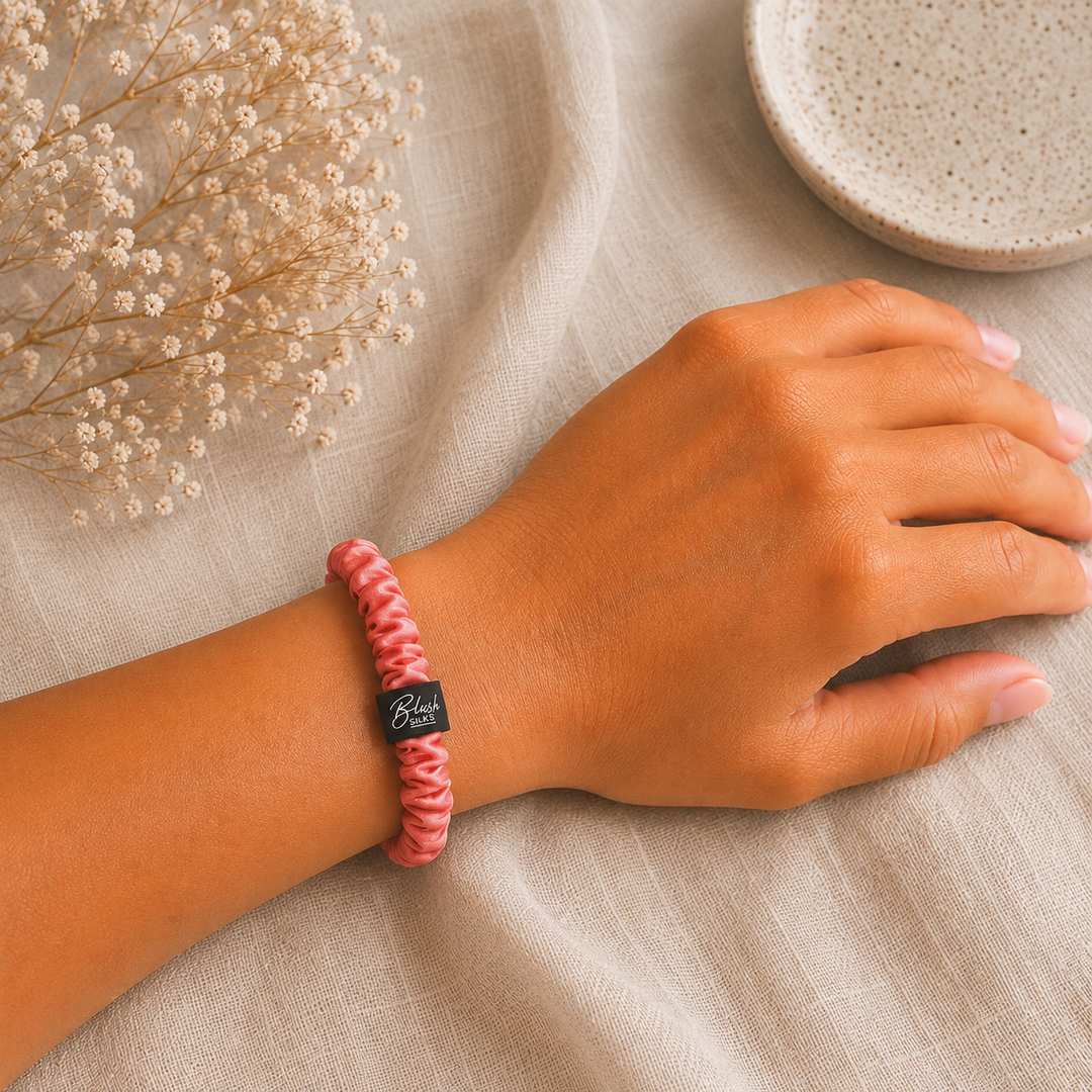 Watermelon 100% mulberry silk mini scrunchie worn on wrist