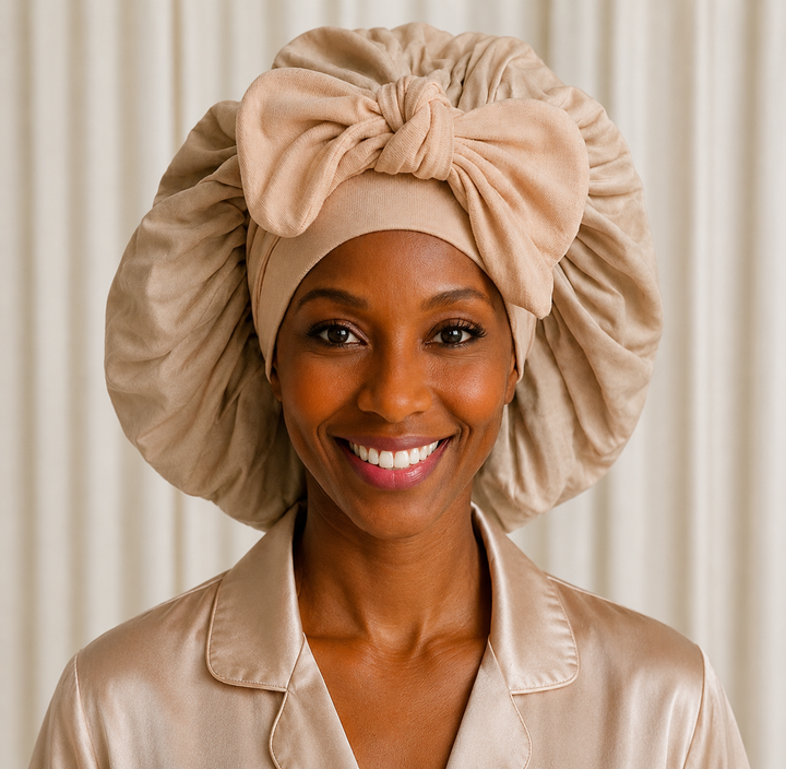 Champagne mulberry silk tie sleep bonnet with adjustable band for protecting curly hair, reducing frizz, and overnight hair care by Blush Silks Canada