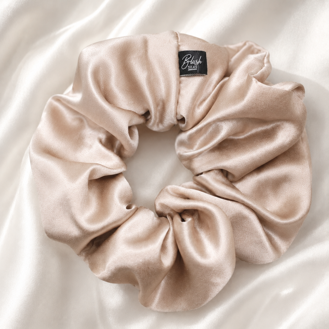 Champagne 22 momme mulberry silk scrunchie made from 100% Grade 6A silk by Blush Silks