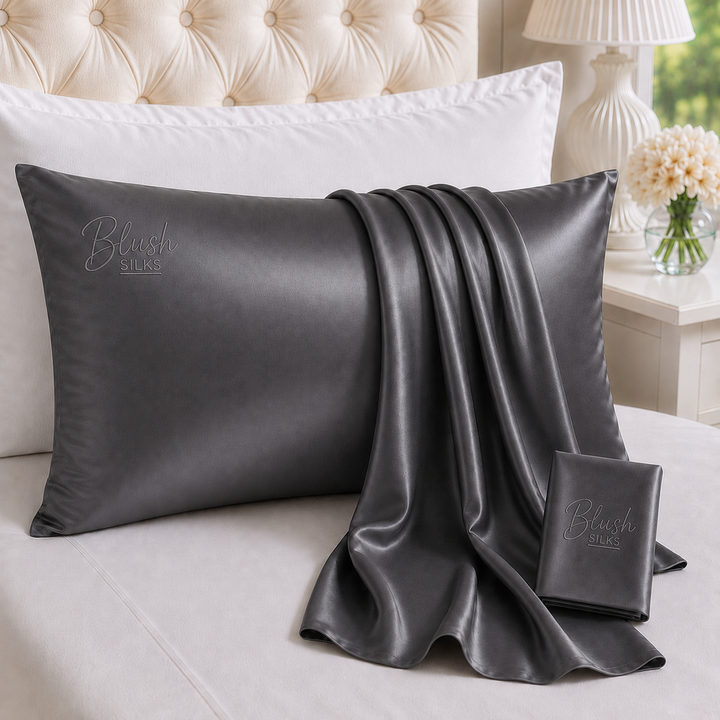 Charcoal Grey 22 Momme Grade 6A charmeuse Mulberry Silk pillowcase with embroidered Blush Silks logo