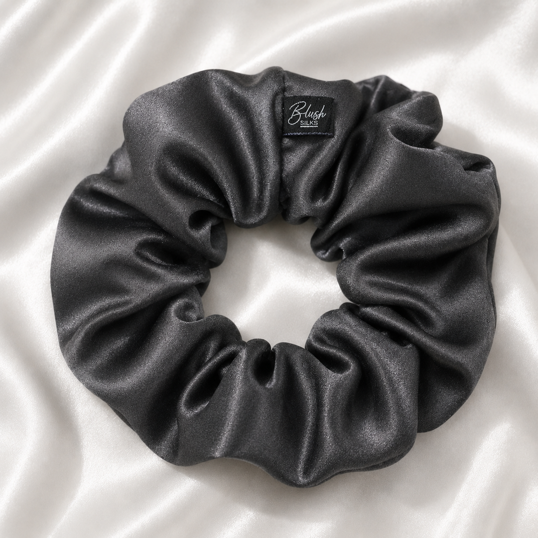 Charcoal grey 22 momme mulberry silk scrunchie made from 100% Grade 6A silk by Blush Silks