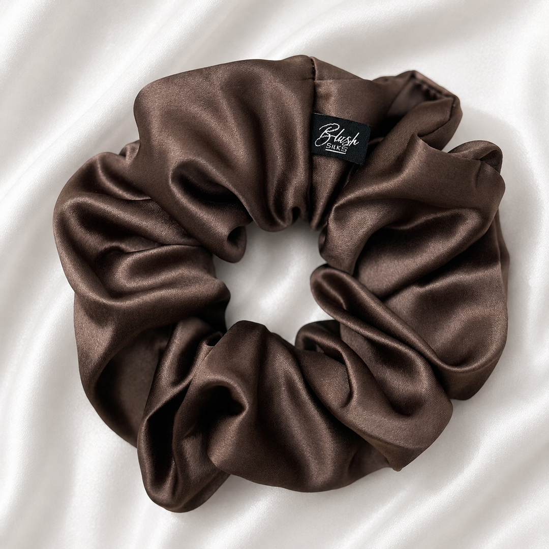 Chocolate brown 22 momme mulberry silk scrunchie made from 100% Grade 6A silk by Blush Silks