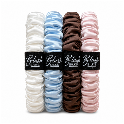 Claire mini mulberry silk scrunchie set in pearl sky chocolate and blush by Blush Silks