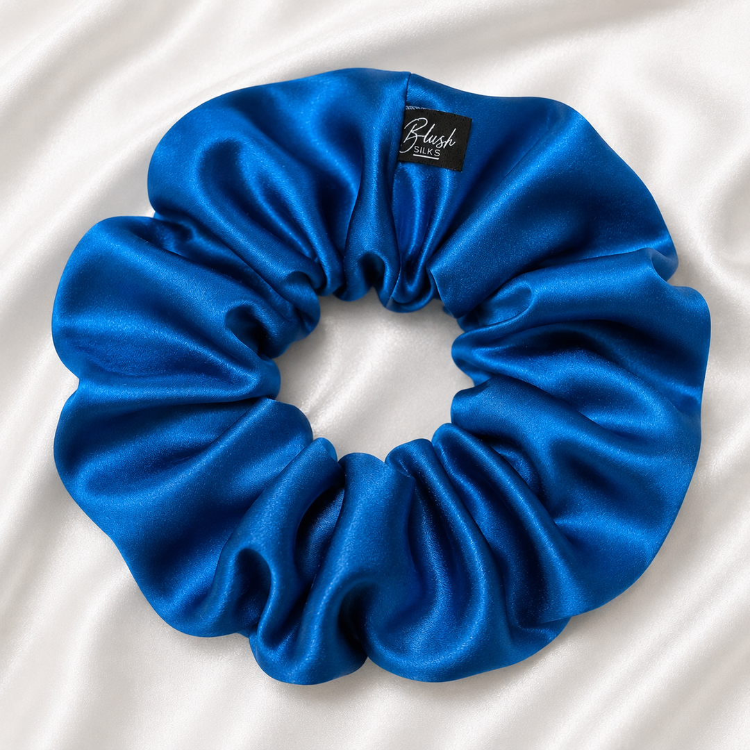 Cobalt blue 22 momme mulberry silk scrunchie made from 100% Grade 6A silk by Blush Silks