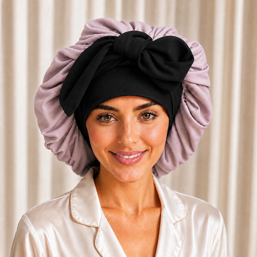 Dusty rose mulberry silk tie sleep bonnet with adjustable band for protecting hair overnight, reducing frizz, and maintaining healthy hair by Blush Silks Canada