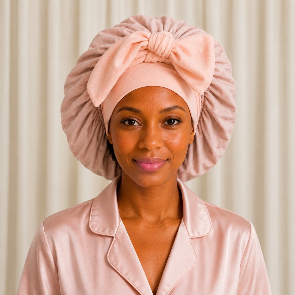Dusty rose mulberry silk tie sleep bonnet with adjustable band for protecting hair overnight, reducing frizz, and maintaining healthy hair by Blush Silks Canada