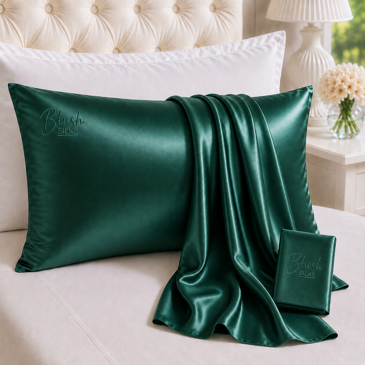 Emerald Green 22 Momme Grade 6A charmeuse Mulberry Silk pillowcase with embroidered Blush Silks logo