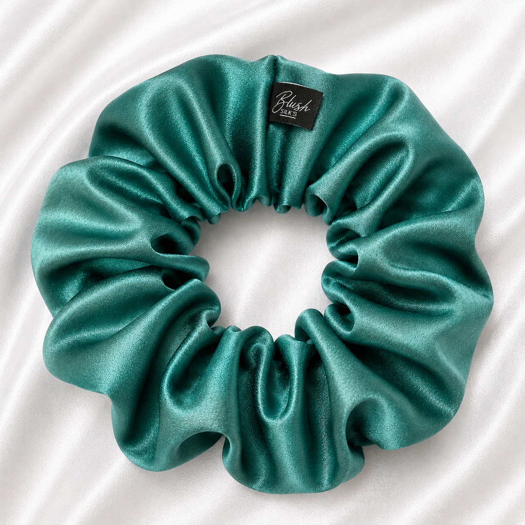 Emerald green 22 momme mulberry silk scrunchie made from 100% Grade 6A silk by Blush Silks