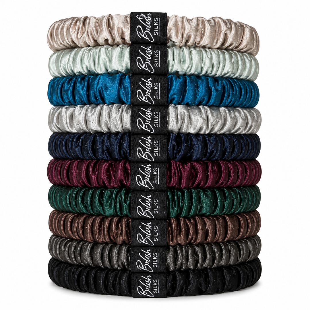 Glam‑and-Go 10 Mini Mulberry Silk Scrunchie Set in 10 colours by Blush Silks
