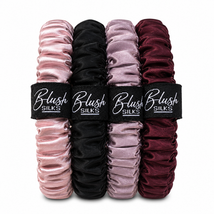 Glamour mini mulberry silk scrunchie set in blush onyx lotus and sangria by Blush Silks