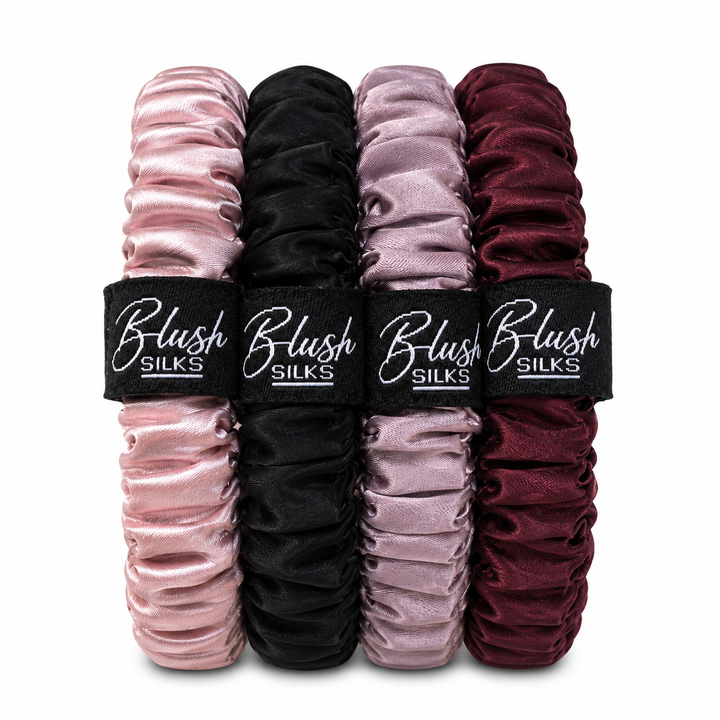 Glamour Mini Mulberry Silk Scrunchie Set in Blush, Onyx, Lotus, and Sangria by Blush Silks