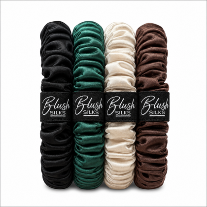Hayleigh mini mulberry silk scrunchie set in onyx emerald champagne and brown by Blush Silks