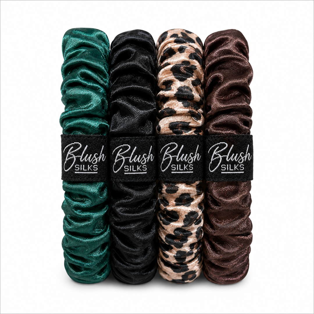 Katie Mini Mulberry Silk Scrunchie Set in Emerald, Onyx, Pink Leopard, and Chocolate by Blush Silks
