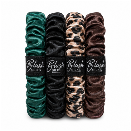 Katie mini mulberry silk scrunchie set in emerald onyx pink leopard and chocolate by Blush Silks