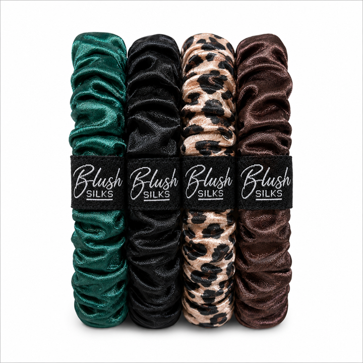 Katie Mini Mulberry Silk Scrunchie Set in Emerald, Onyx, Pink Leopard, and Chocolate by Blush Silks