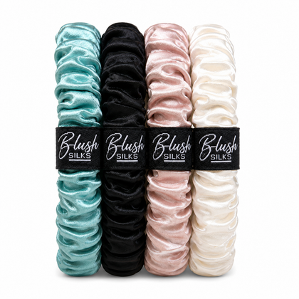 Leanne mini mulberry silk scrunchie set in sea breeze onyx blush and pearl by Blush Silks