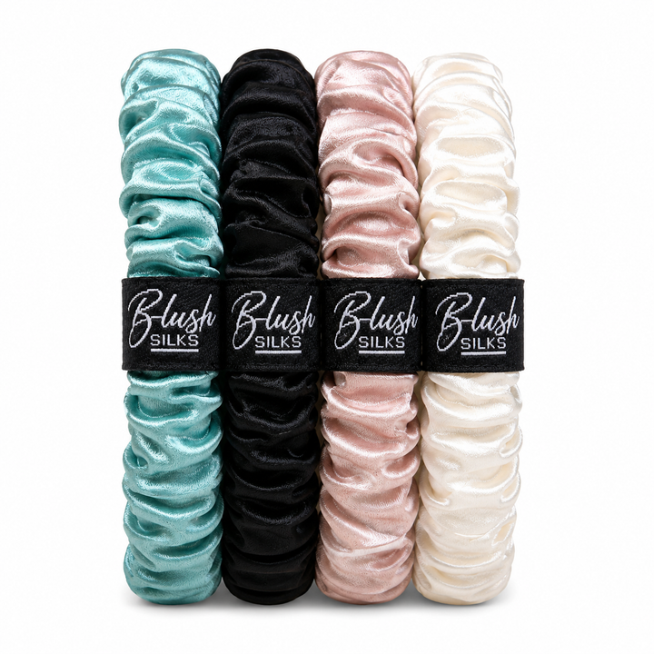 Leanne Mini Mulberry Silk Scrunchie Set in Sea Breeze, Onyx, Blush, and Pearl by Blush Silks