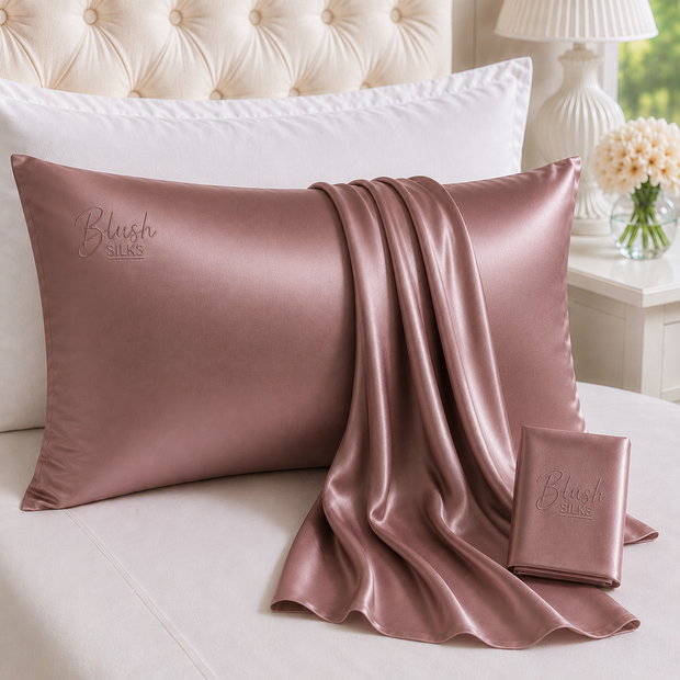 Lotus pink 22 Momme Grade 6A charmeuse Mulberry Silk pillowcase with embroidered Blush Silks logo
