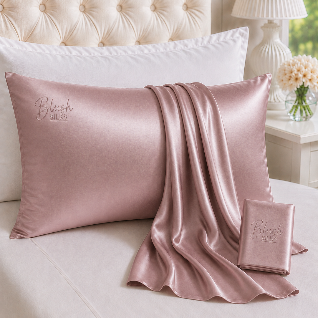 Lotus Pink 22 Momme Grade 6A charmeuse Mulberry Silk pillowcase with embroidered Blush Silks logo
