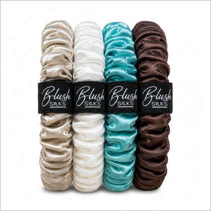 Mackenzie mini mulberry silk scrunchie set in champagne pearl sea breeze and chocolate by Blush Silks