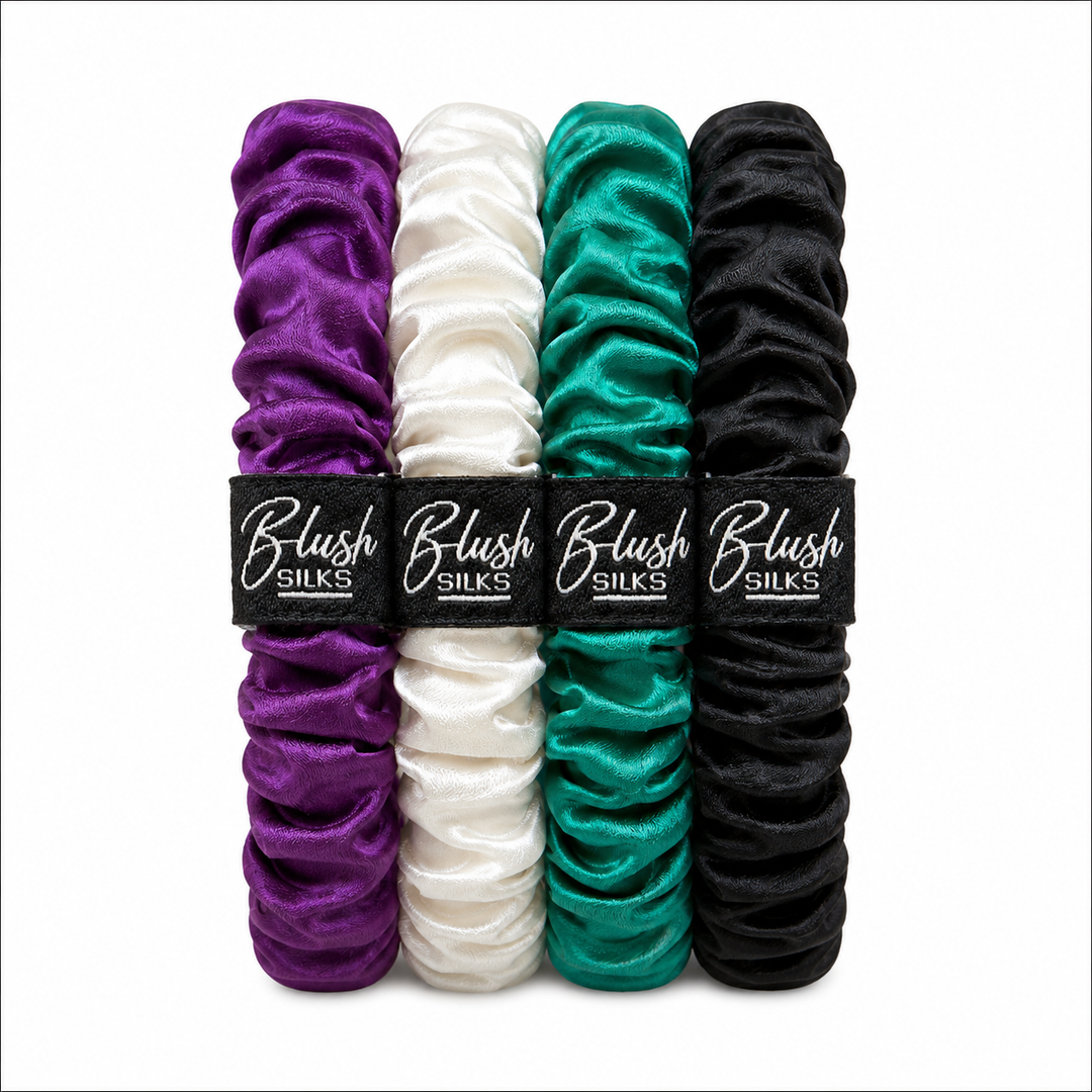 Mini mulberry silk scrunchie set in Purple, Pearl, Jade, and Onyx Black by Blush Silks