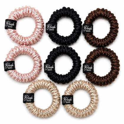 Micro mini mulberry silk scrunchie 8 piece set in blush onyx chocolate and champagne by Blush Silks