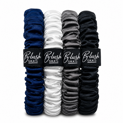 Midnight mini mulberry silk scrunchie set in navy pearl charcoal and onyx by Blush Silks