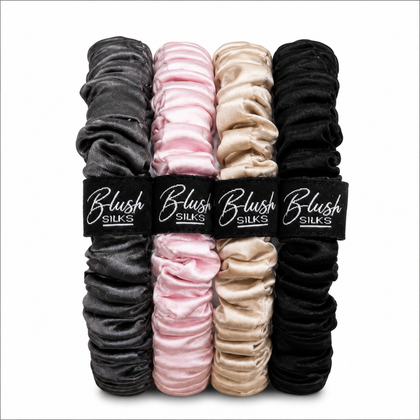Classic Mini mulberry silk scrunchie set in charcoal blush champagne and onyx by Blush Silks