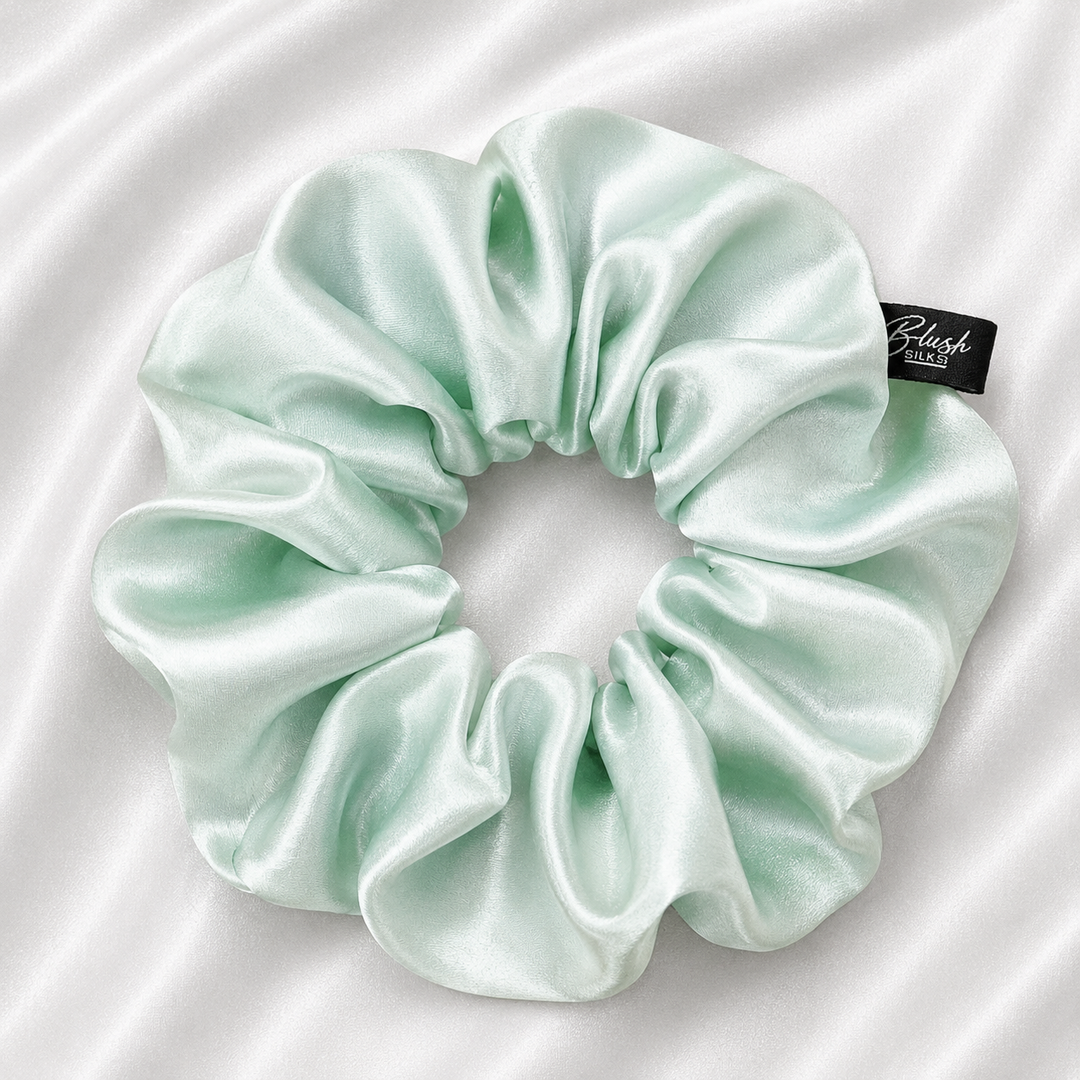 Mint green 22 momme mulberry silk scrunchie made from 100% Grade 6A silk by Blush Silks