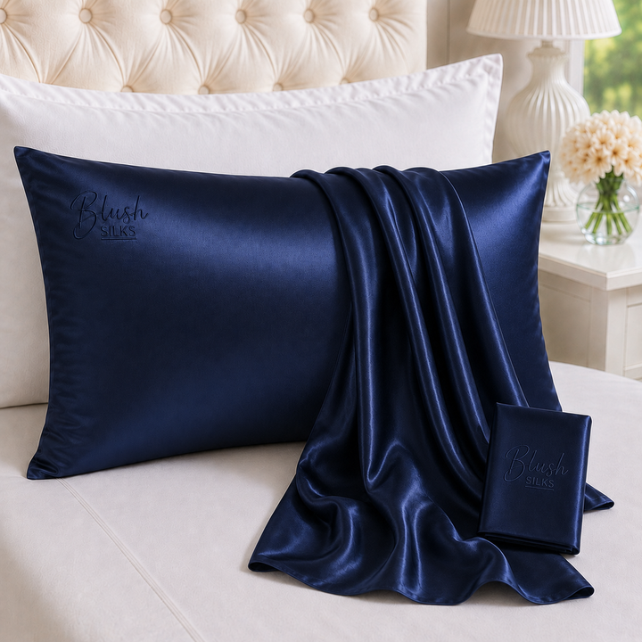 Navy blue 22 Momme Grade 6A charmeuse Mulberry Silk pillowcase with embroidered Blush Silks logo