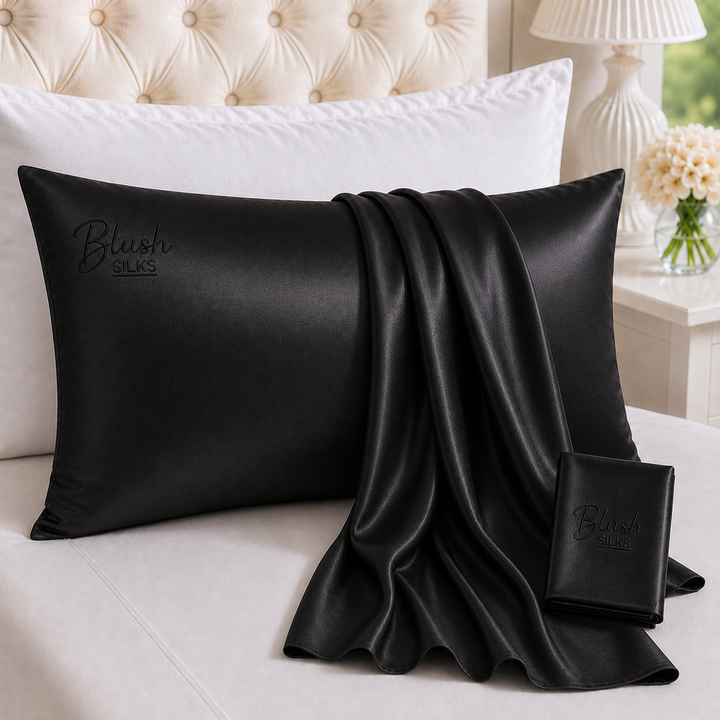 Onyx Black 22 Momme Grade 6A charmeuse Mulberry Silk pillowcase with embroidered Blush Silks logo