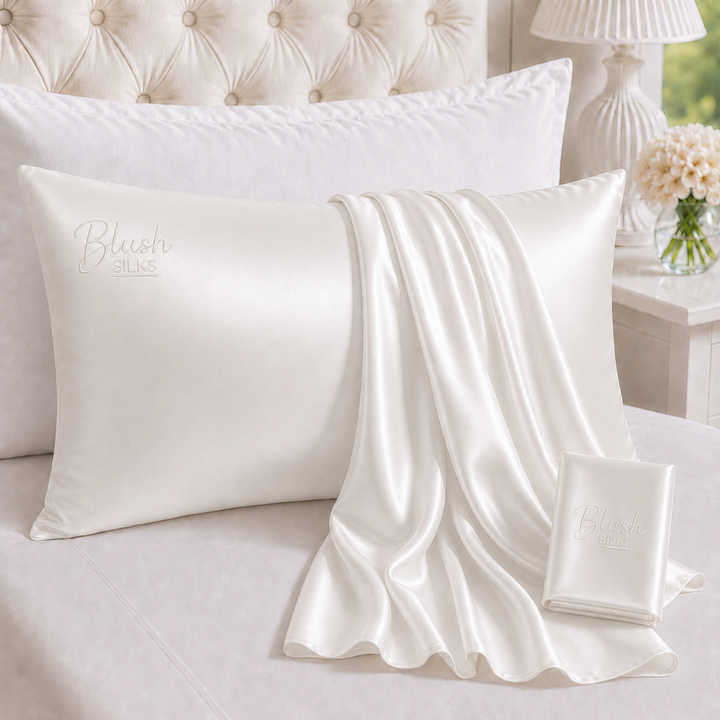 Pearl white 22 Momme Grade 6A charmeuse Mulberry Silk pillowcase with embroidered Blush Silks logo