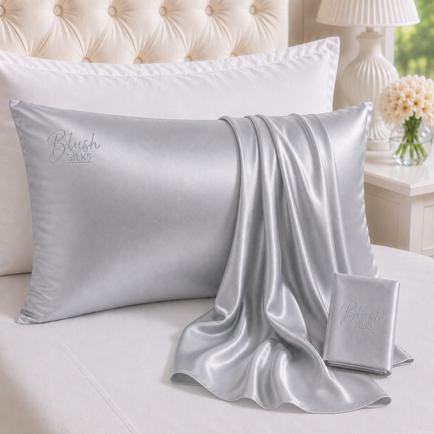 Pewter silver-grey 22 Momme Grade 6A charmeuse Mulberry Silk pillowcase with embroidered Blush Silks logo
