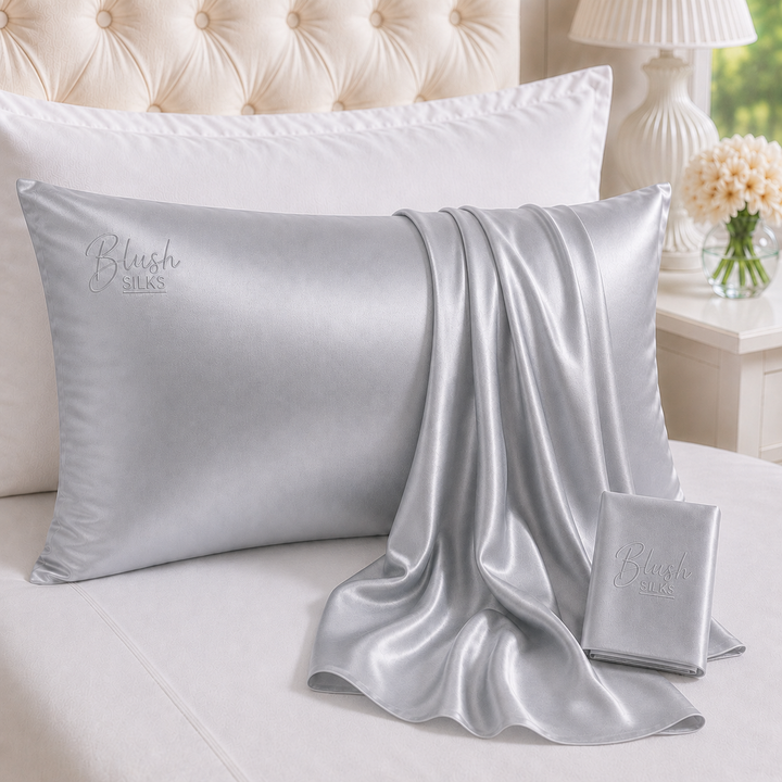 Pewter Grey 22 Momme Grade 6A charmeuse Mulberry Silk pillowcase with embroidered Blush Silks logo