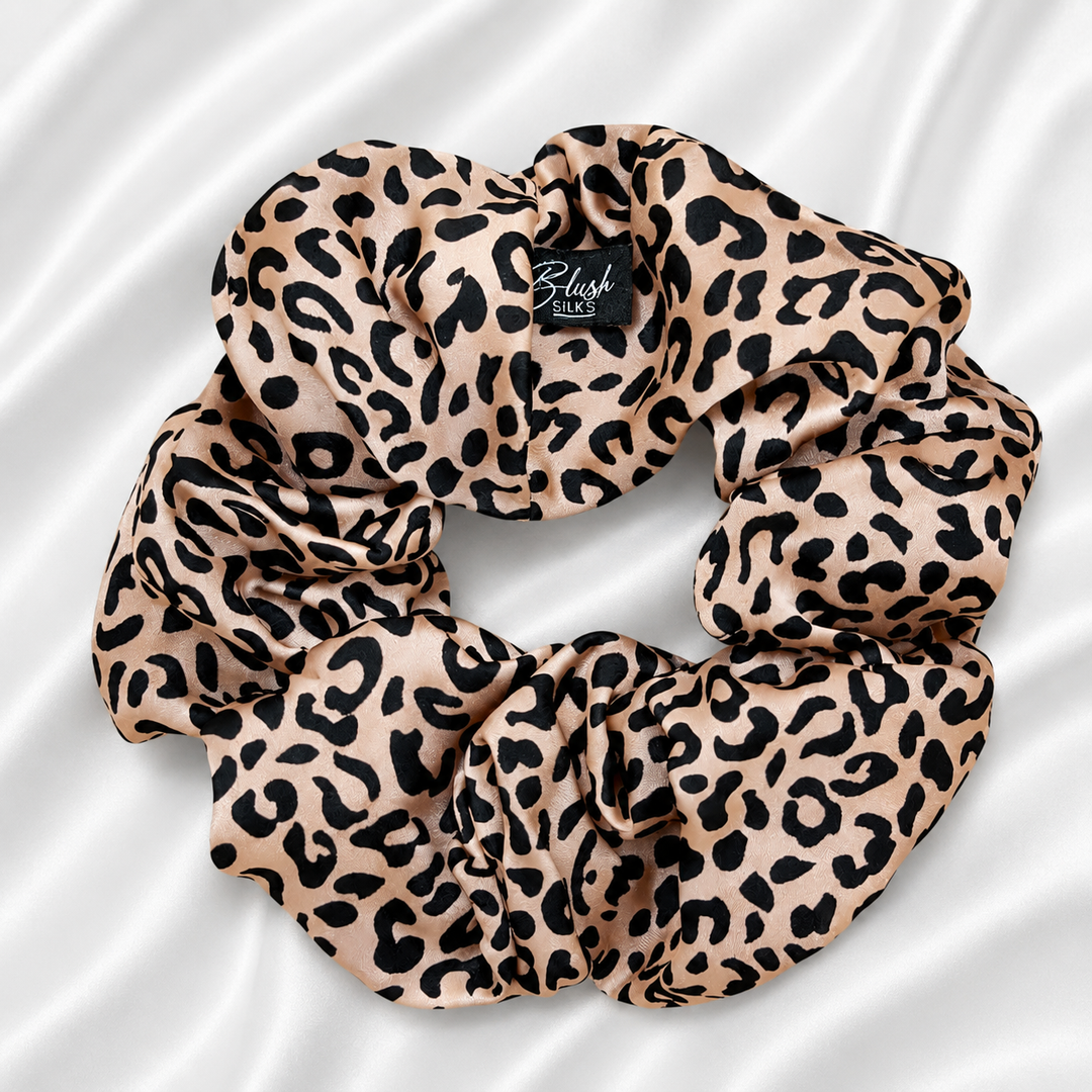 Pink leopard 22 momme mulberry silk scrunchie made from 100% Grade 6A silk by Blush Silks